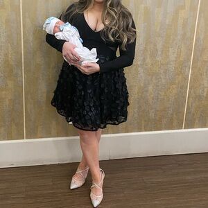 Aqua Floral AppliqueBlack Long Sleeve Dress